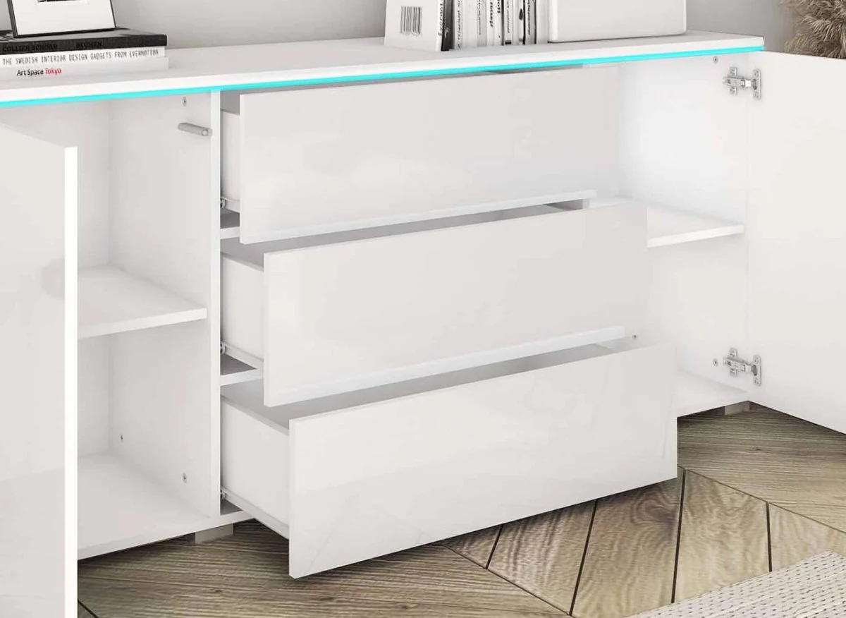 Buffet commode 2 portes 3 tiroirs blanc avec LED - ALEXIA - Image 4