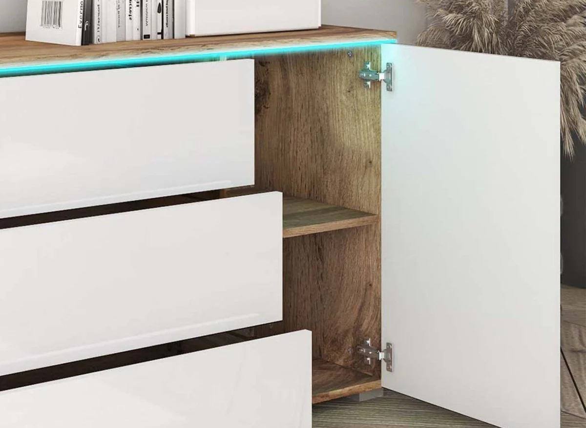 Buffet commode 2 portes 3 tiroirs chêne et blanc avec LED - ALEXIA - Image 3