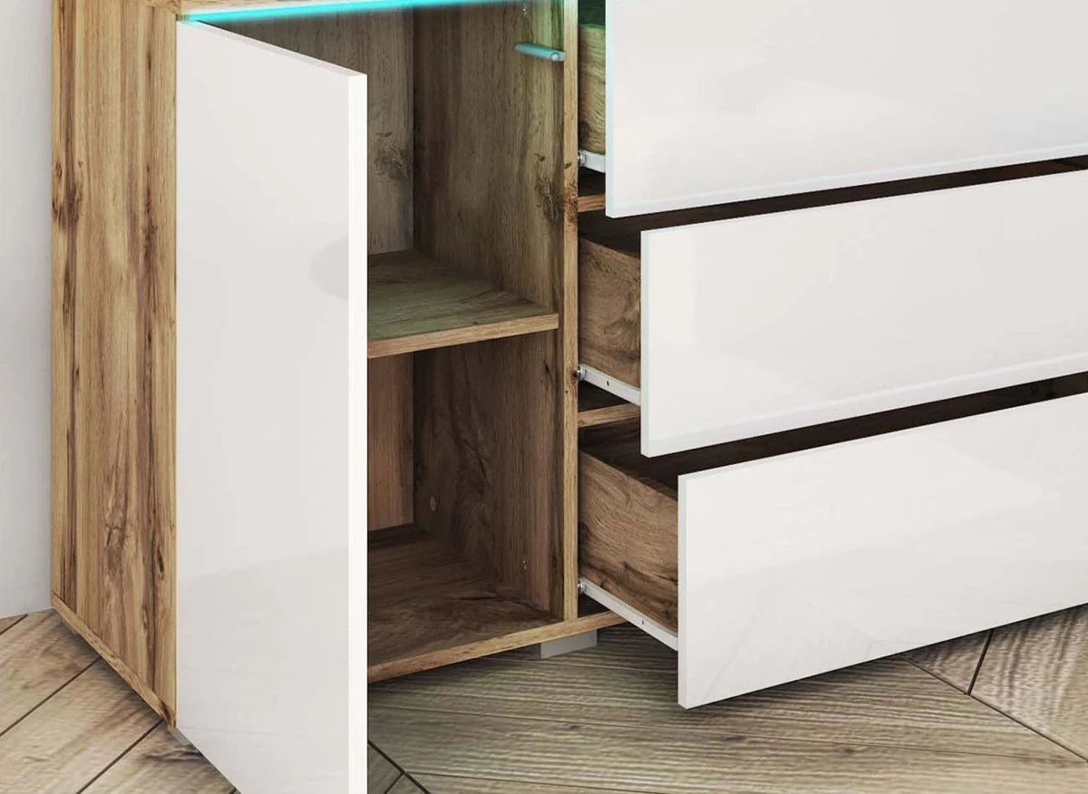Buffet commode 2 portes 3 tiroirs chêne et blanc avec LED - ALEXIA - Image 4