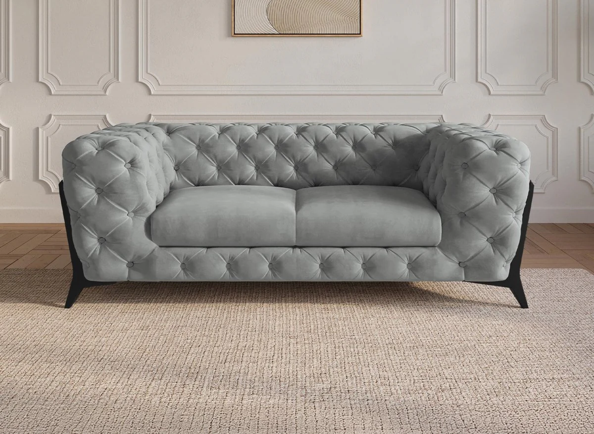 Canapé fixe 2 places capitonné chesterfield velours gris CARMEN - Image 2