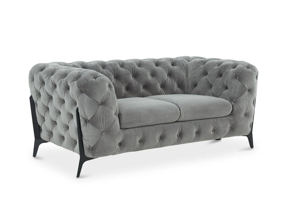 Canapé fixe 2 places capitonné chesterfield velours gris CARMEN - Image 4