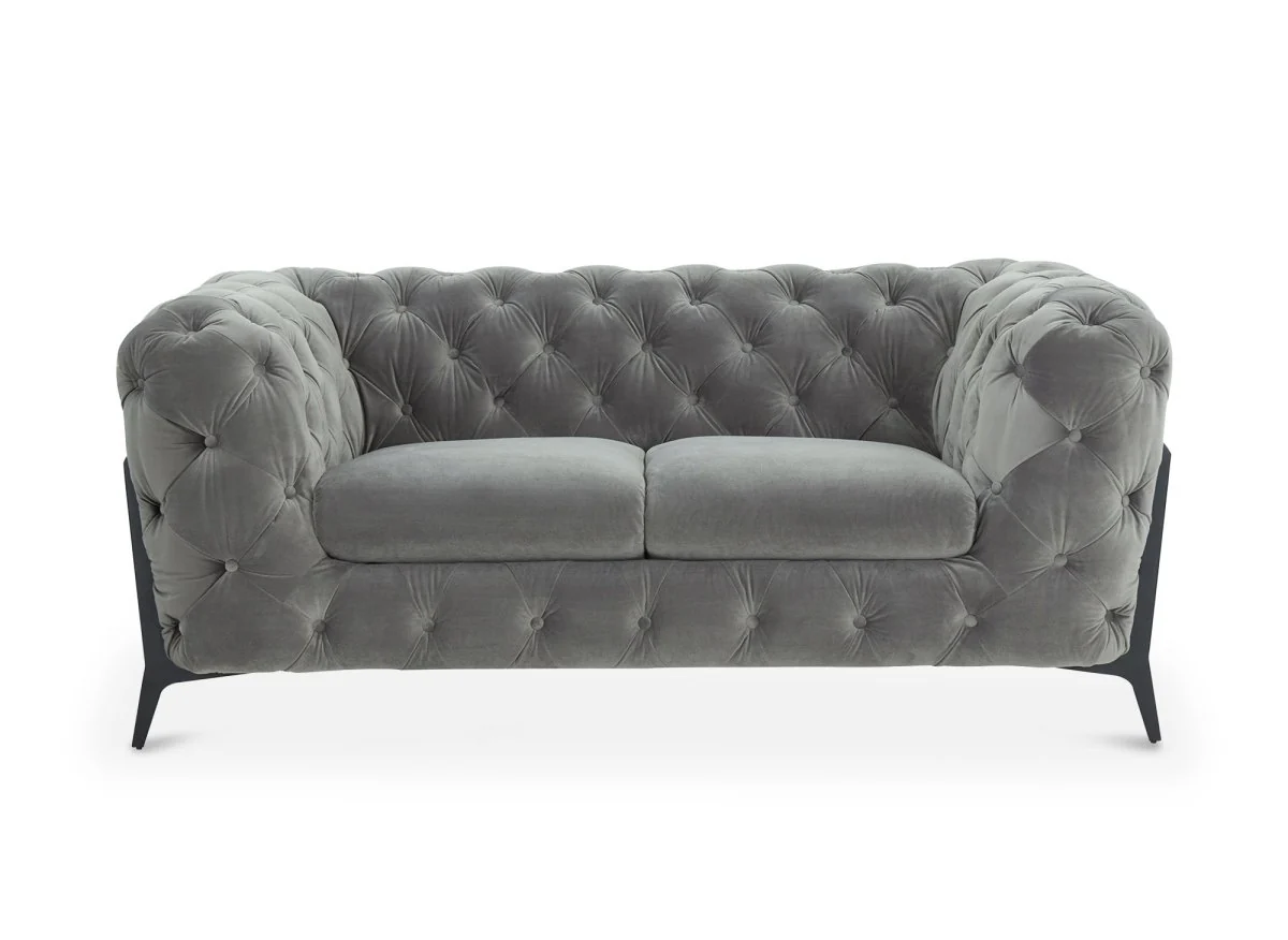Canapé fixe 2 places capitonné chesterfield velours gris CARMEN - Image 5