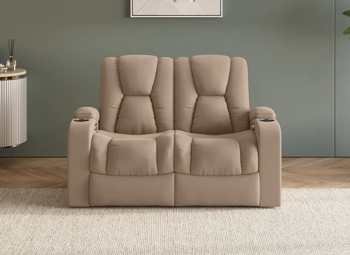 Canapé 2 places relax électrique en tissu microfibre beige EL CLARENCE - Image 3