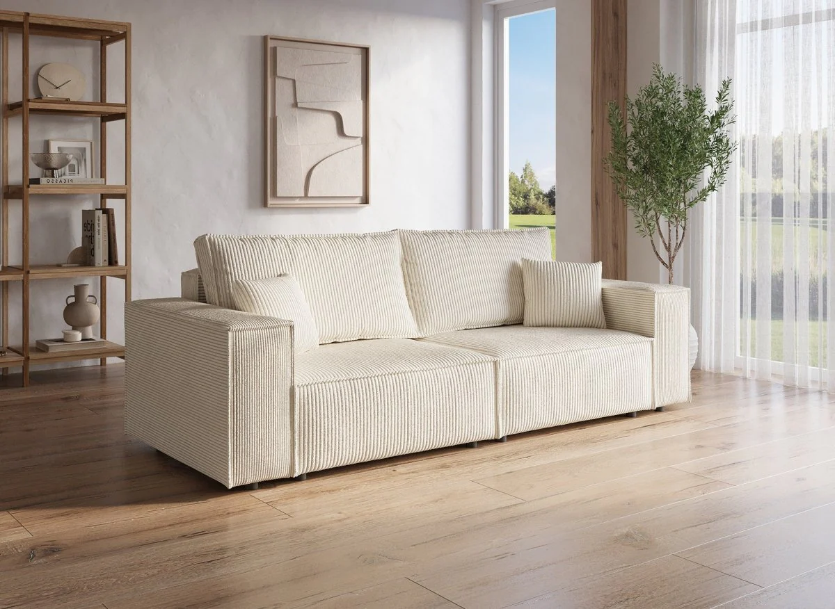 Canapé convertible 3 places avec coffre en velours côtelé beige JADE