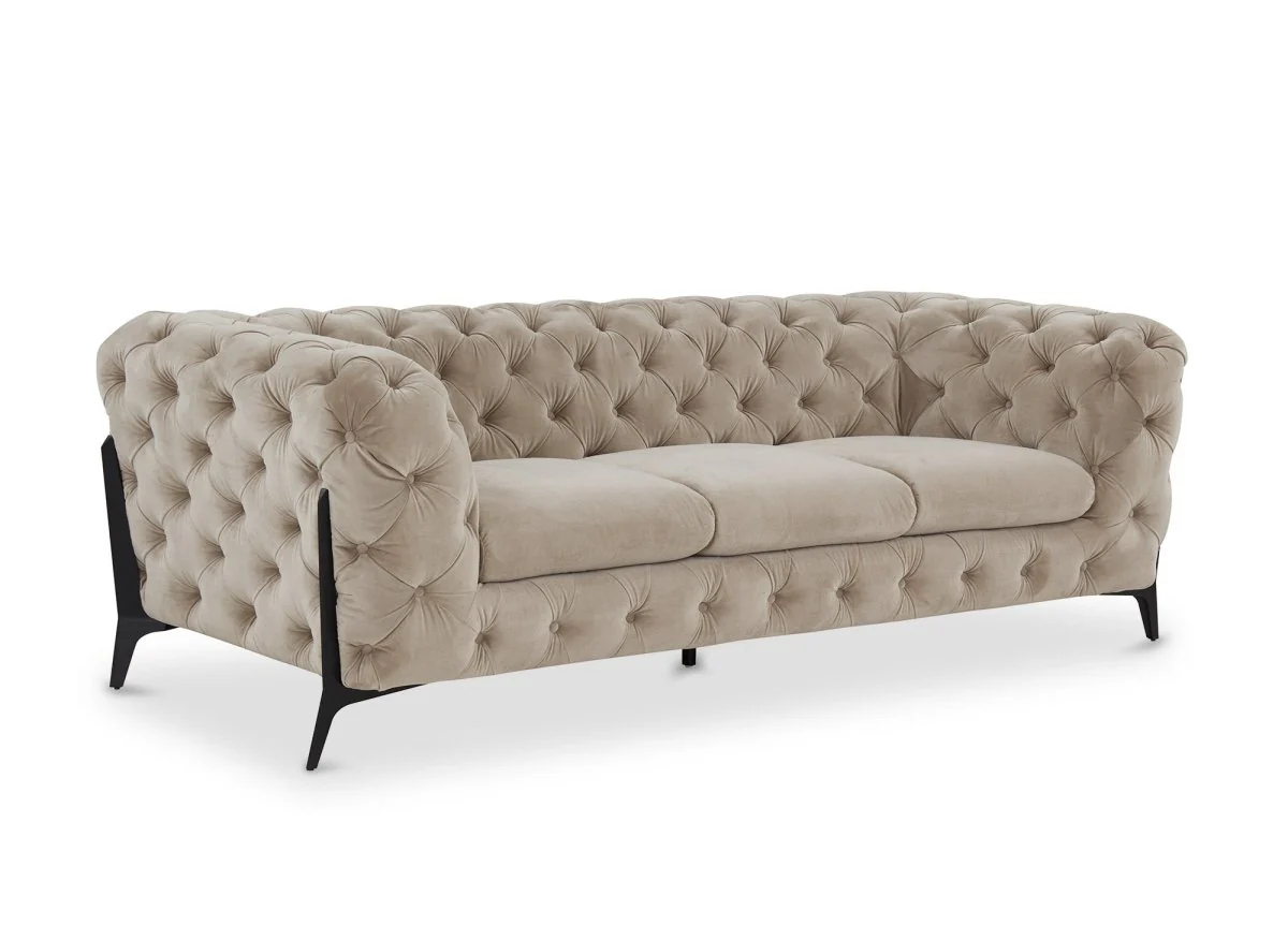 Canapé fixe 3 places capitonné chesterfield velours beige CARMEN - Image 4