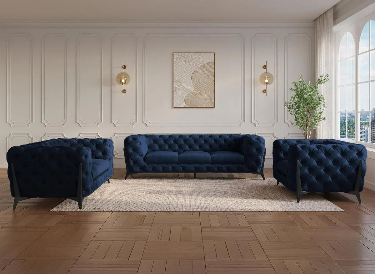 Canapé fixe 3 places capitonné chesterfield velours bleu CARMEN - Image 3
