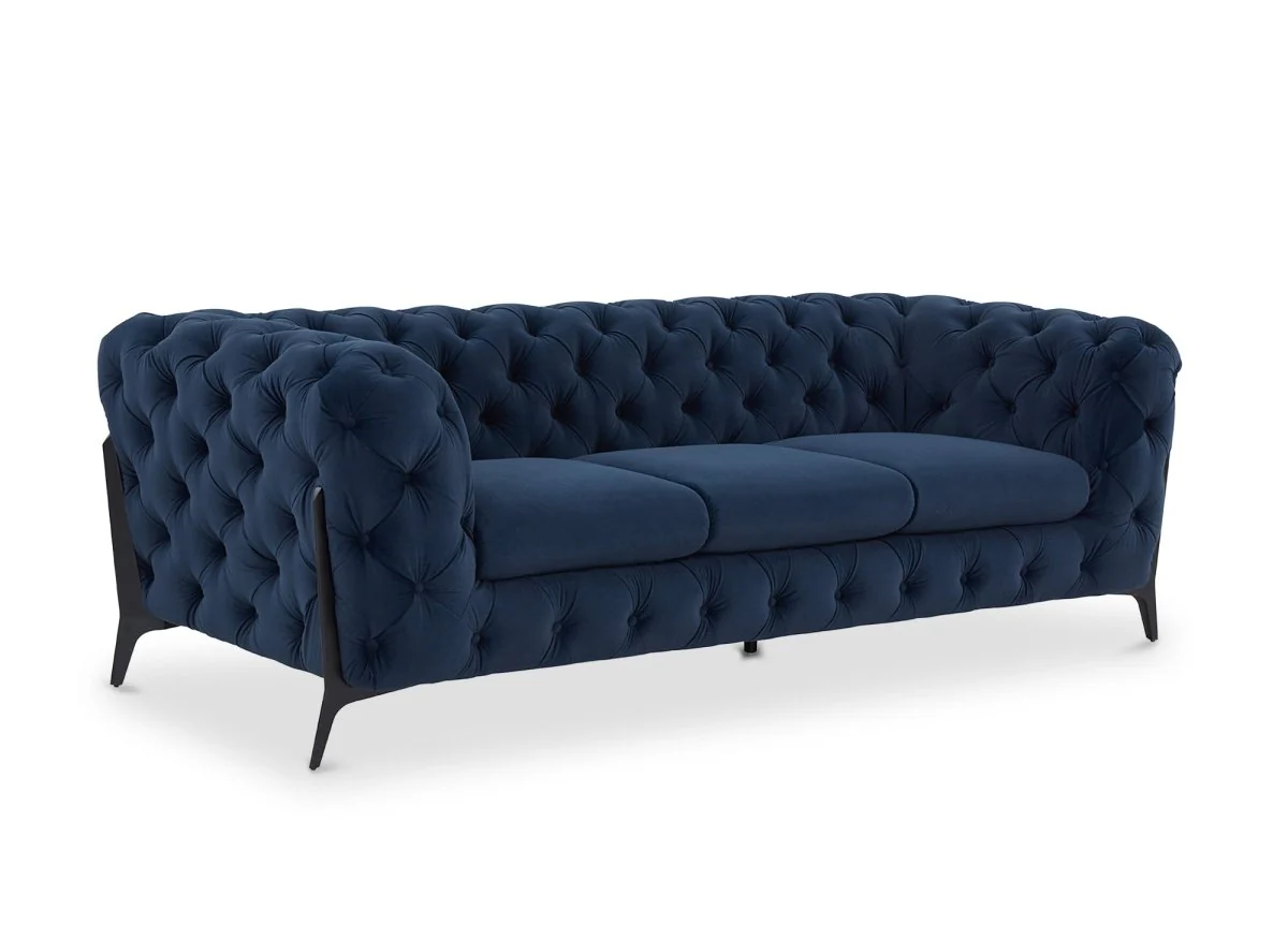 Canapé fixe 3 places capitonné chesterfield velours bleu CARMEN - Image 4