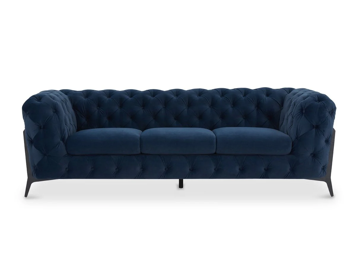 Canapé fixe 3 places capitonné chesterfield velours bleu CARMEN - Image 5
