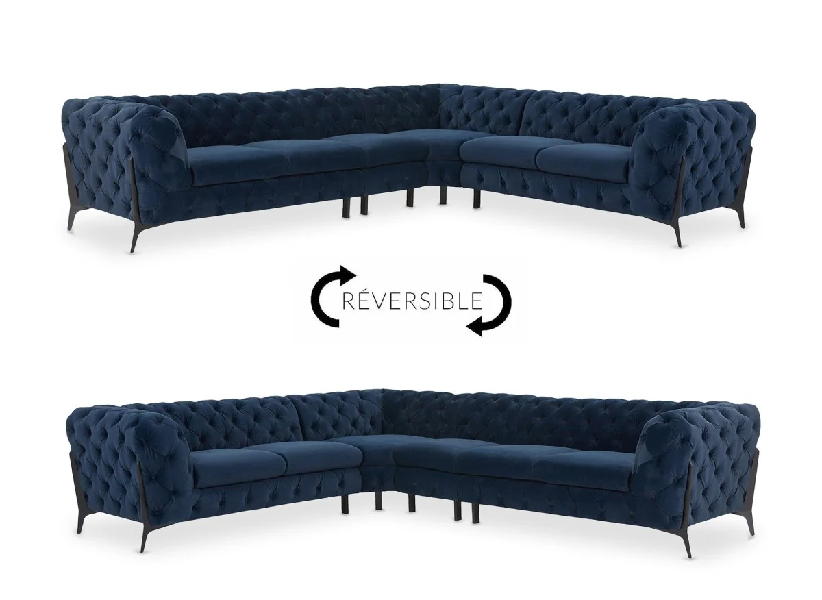Canapé capitonné chesterfield d'angle réversible en velours bleu CARMEN - Image 9
