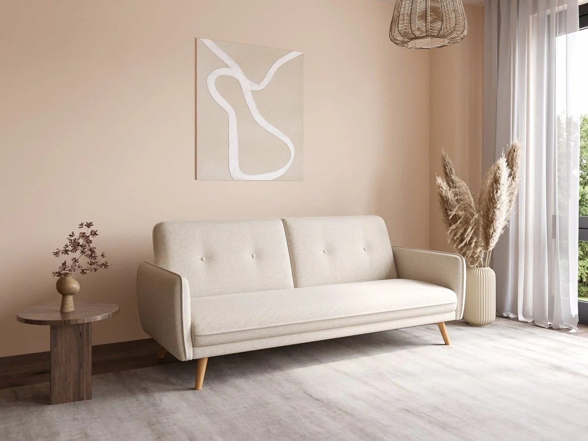 Canapé clic clac en tissu beige avec pieds en bois NATAL