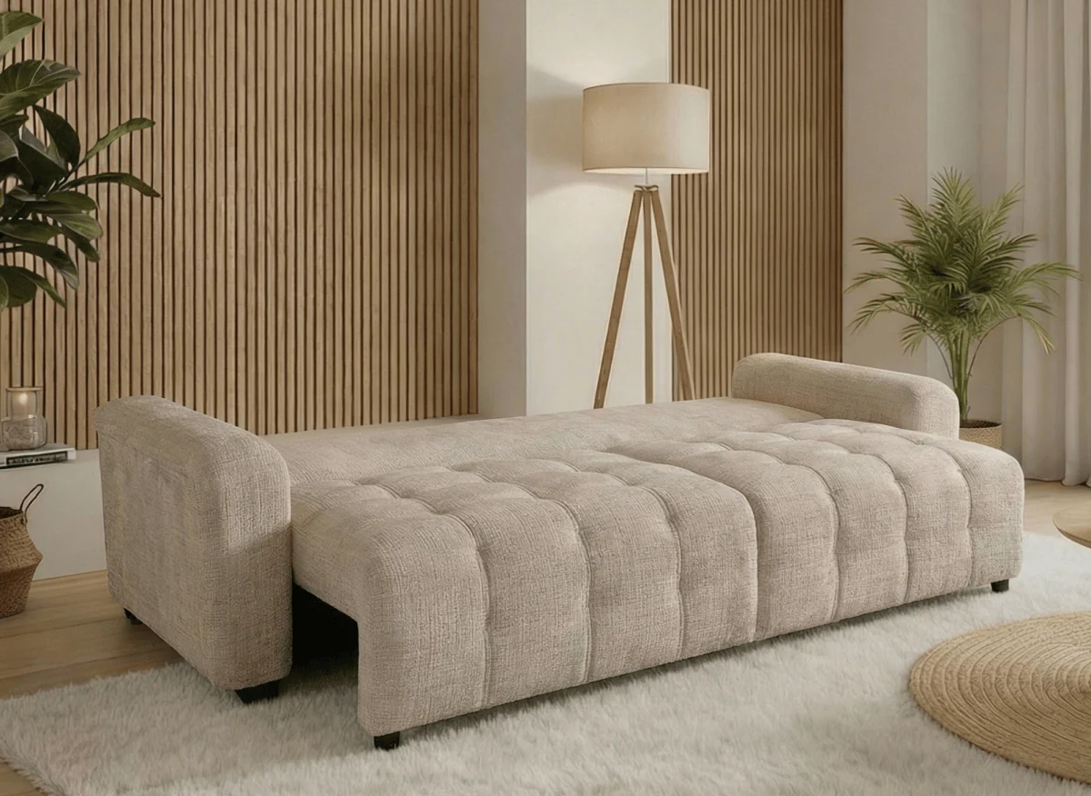 Canapé convertible avec coffre 3 places en velours chiné beige RALYA - Image 2
