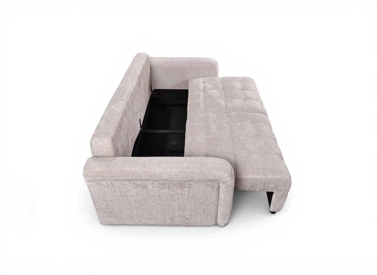 Canapé convertible avec coffre 3 places en velours chiné beige RALYA - Image 6