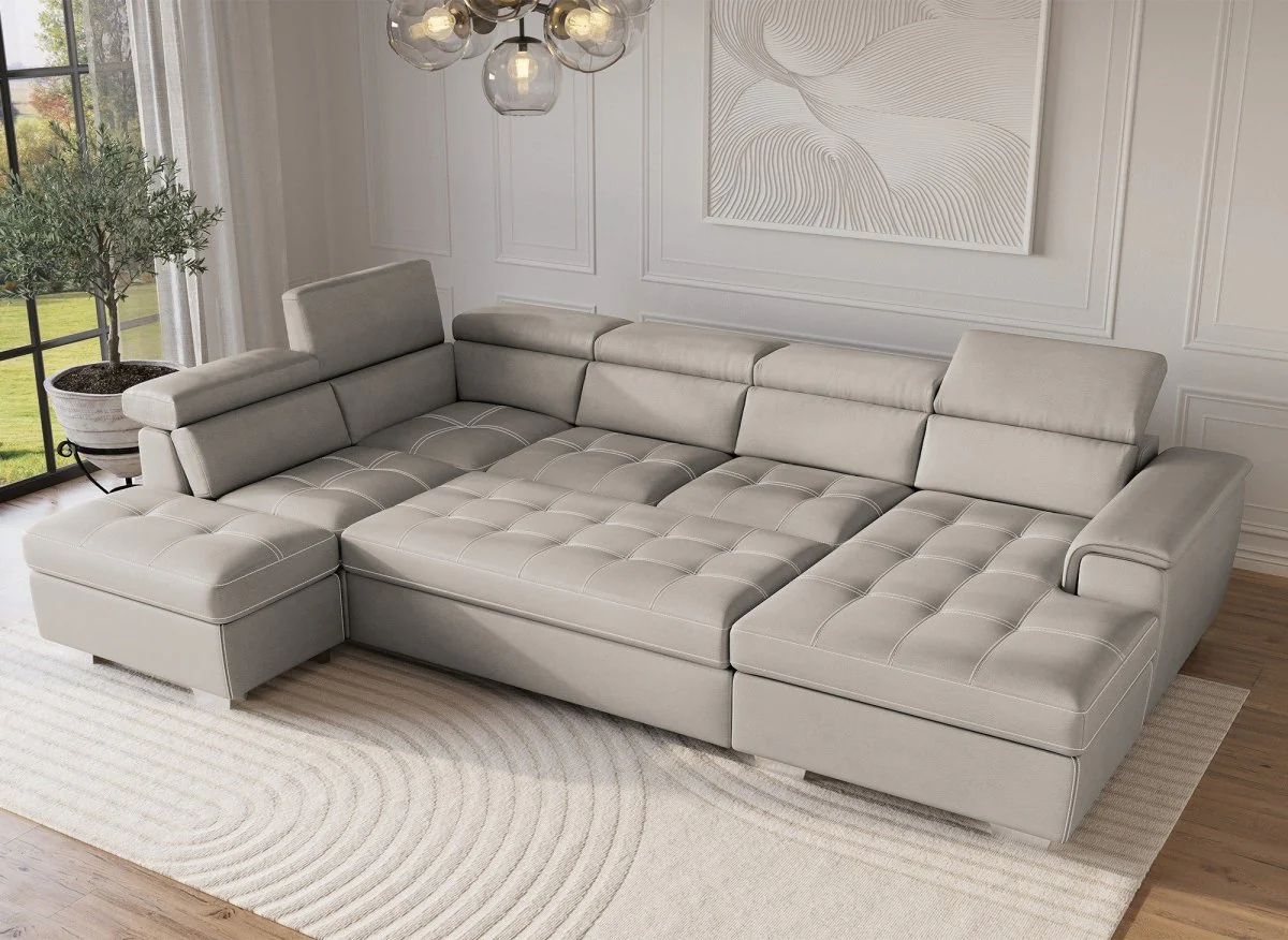 Canapé convertible et panoramique avec coffre de rangement en tissu beige OLIVER - Angle Droit - Image 3