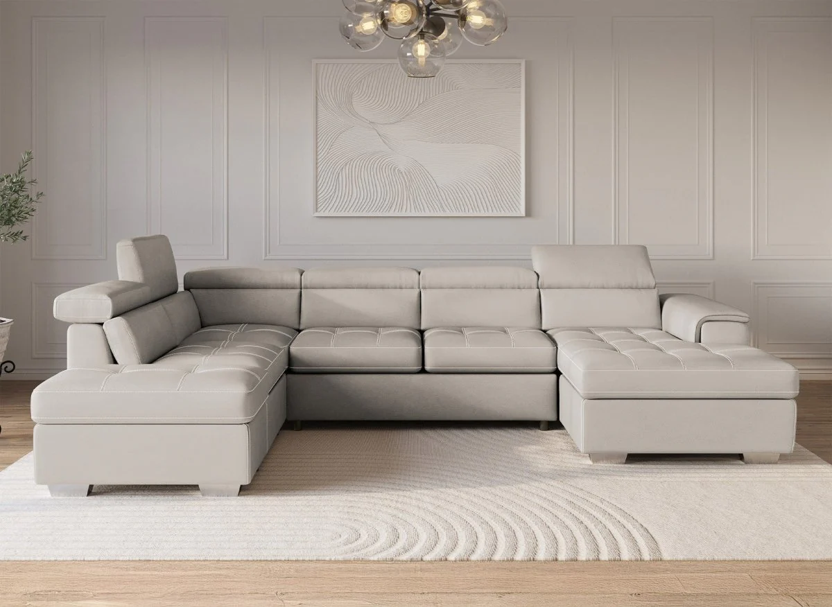 Canapé convertible et panoramique avec coffre de rangement en tissu beige OLIVER - Angle Droit - Image 4