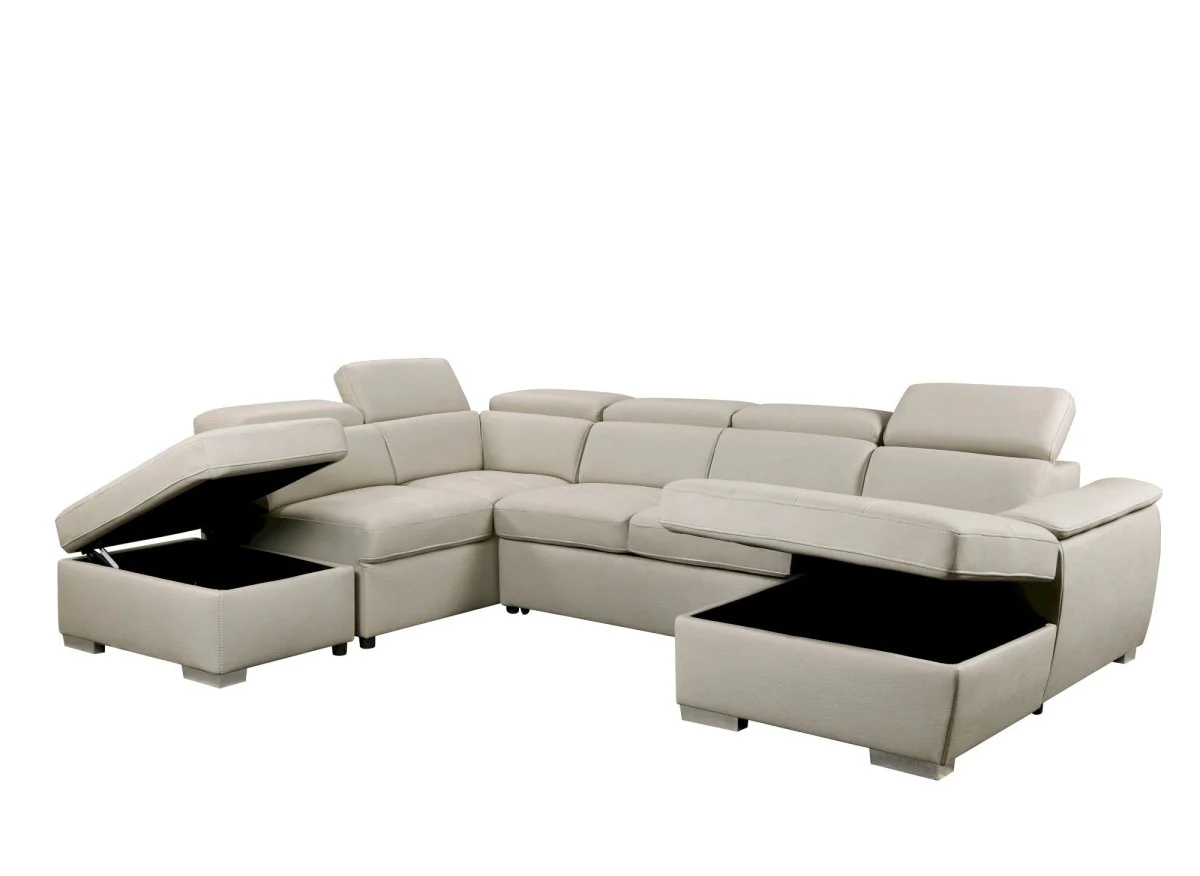 Canapé convertible et panoramique avec coffre de rangement en tissu beige OLIVER - Angle Droit - Image 6