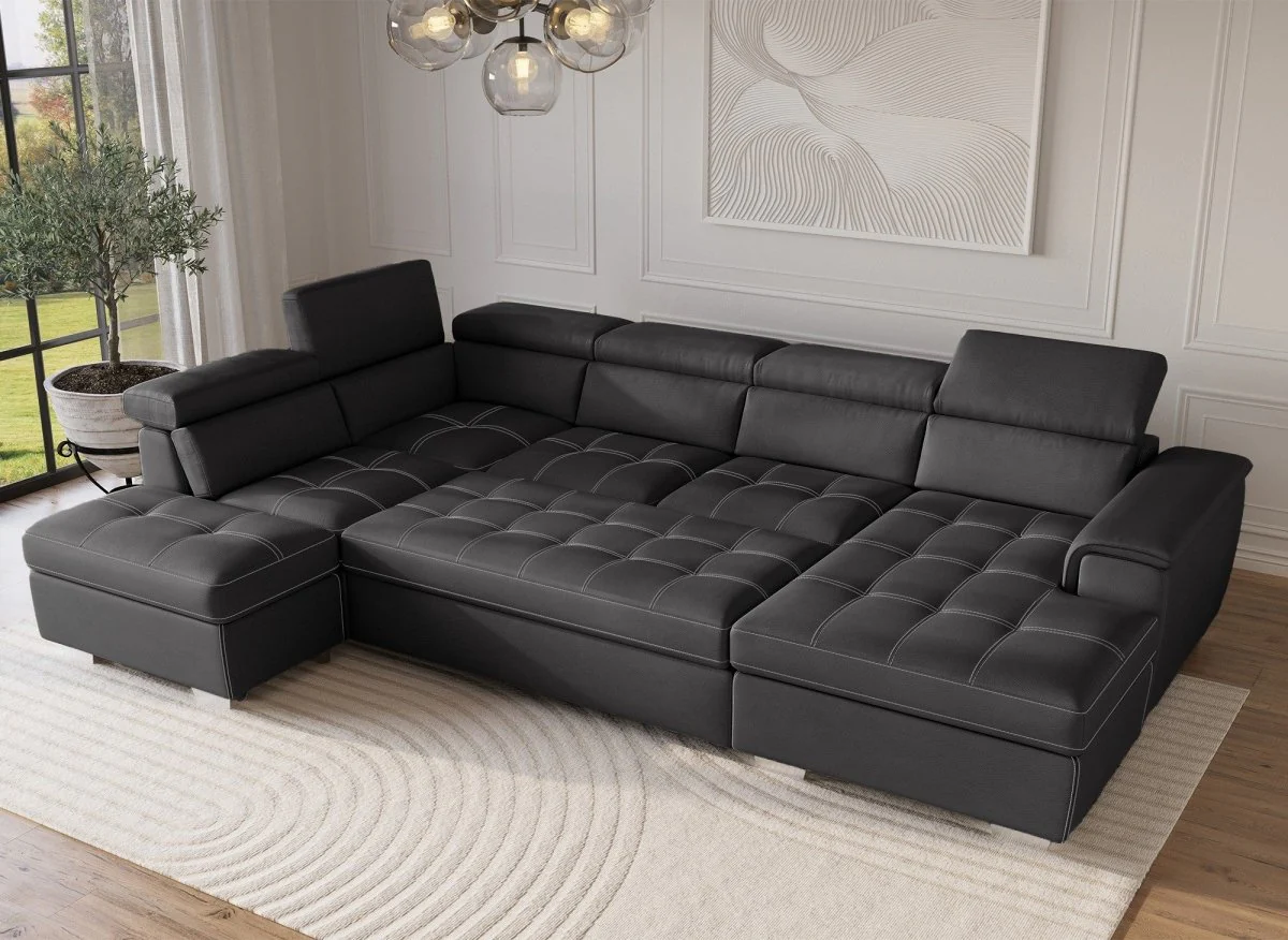 Canapé convertible et panoramique avec coffre de rangement en tissu gris OLIVER - Angle Droit - Image 3