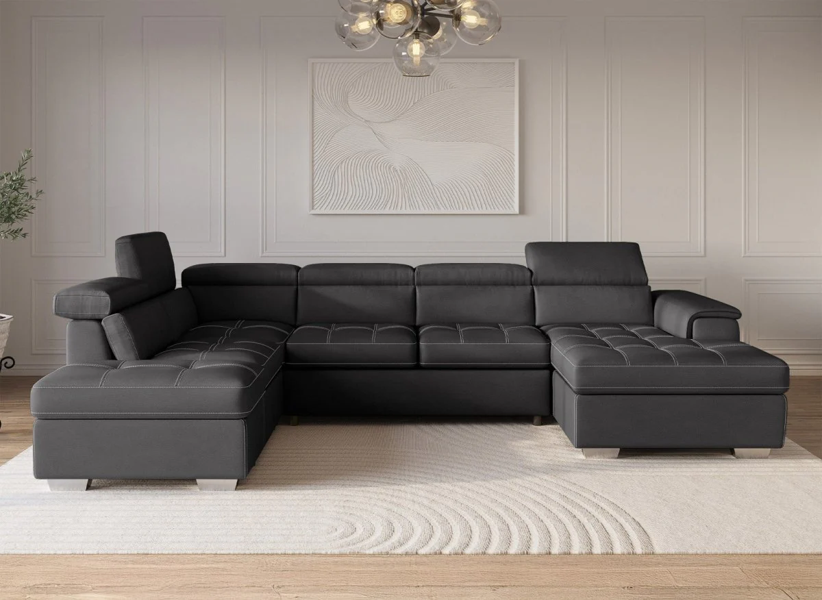 Canapé convertible et panoramique avec coffre de rangement en tissu gris OLIVER - Angle Droit - Image 4