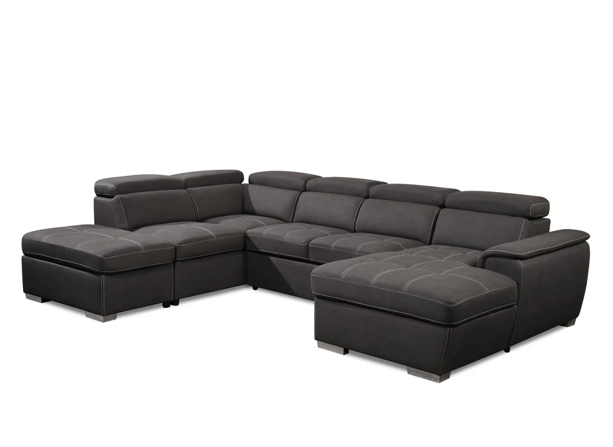 Canapé convertible et panoramique avec coffre de rangement en tissu gris OLIVER - Angle Droit - Image 5