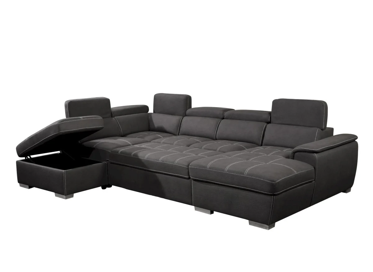 Canapé convertible et panoramique avec coffre de rangement en tissu gris OLIVER - Angle Droit - Image 6