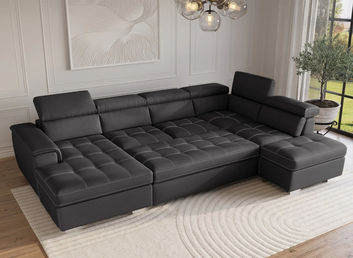 Canapé convertible et panoramique avec coffre de rangement en tissu gris OLIVER - Angle Gauche - Image 3