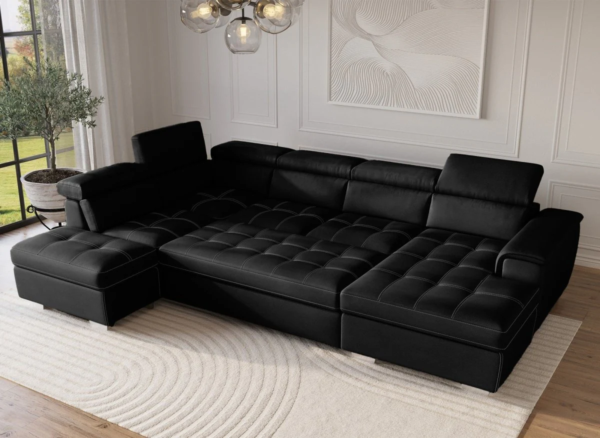 Canapé convertible et panoramique avec coffre de rangement en tissu noir OLIVER - Angle Droit - Image 3