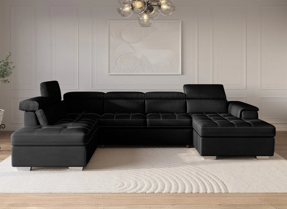 Canapé convertible et panoramique avec coffre de rangement en tissu noir OLIVER - Angle Droit - Image 4
