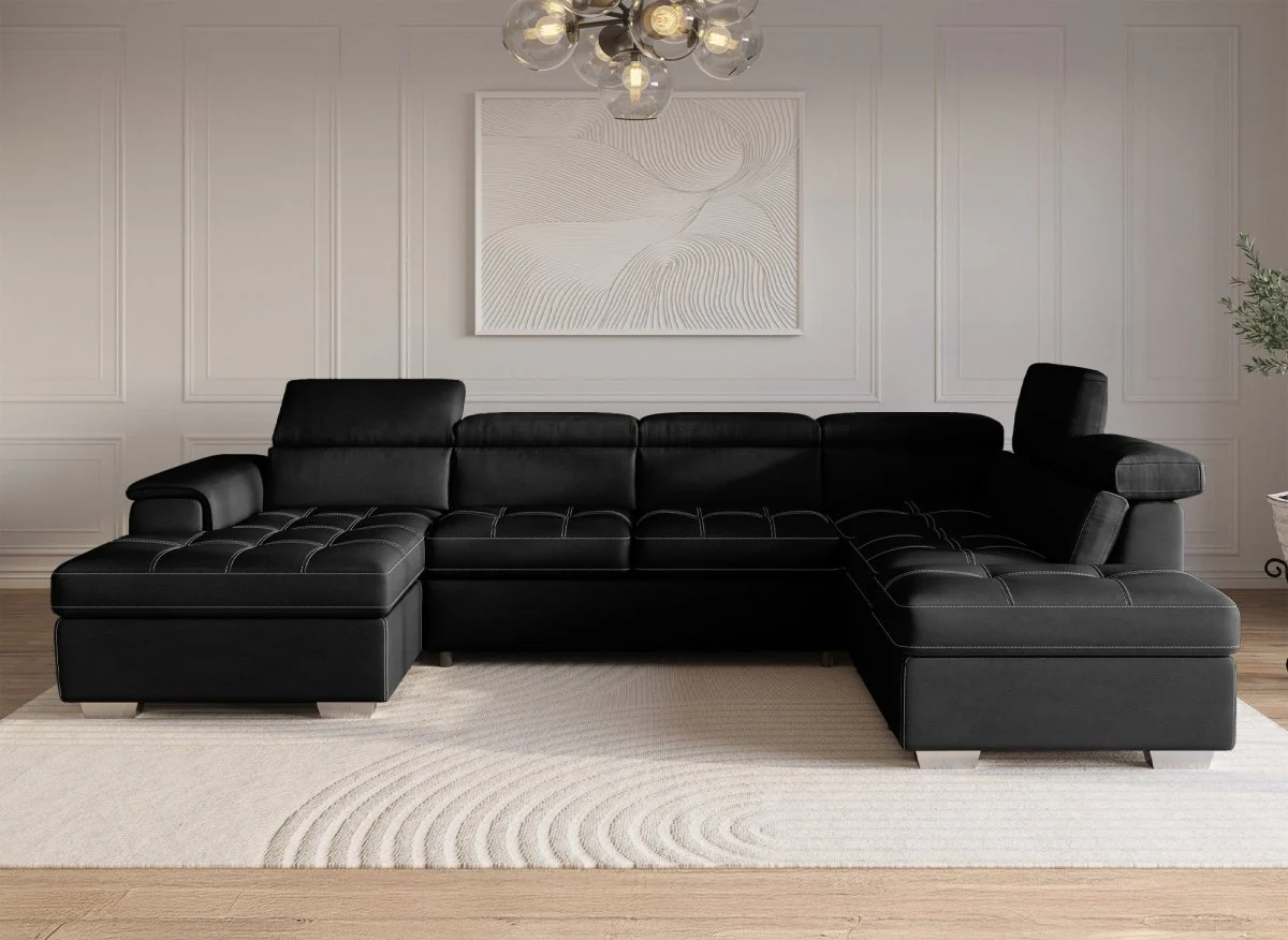 Canapé convertible et panoramique avec coffre de rangement en tissu noir OLIVER - Angle Gauche - Image 4