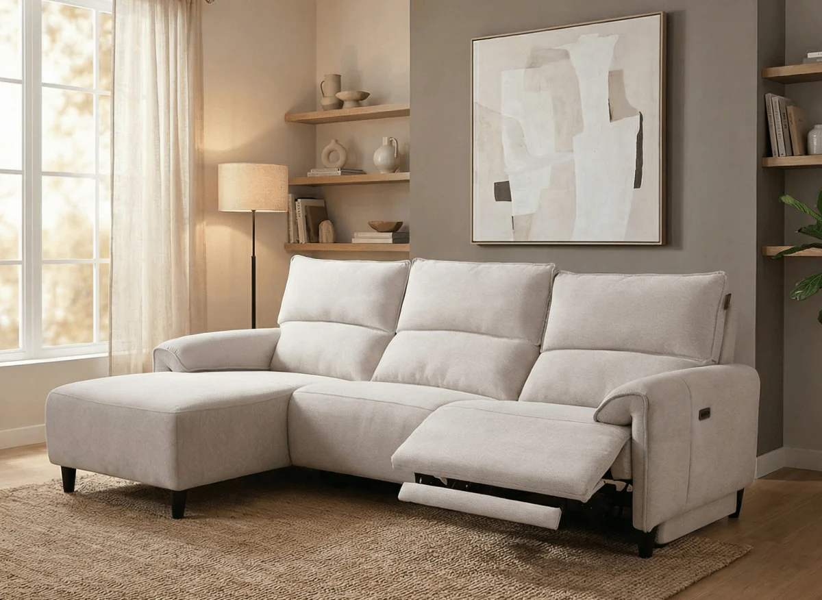Canapé d’angle relax électrique en tissu beige LUDMILA - Angle gauche - Image 2