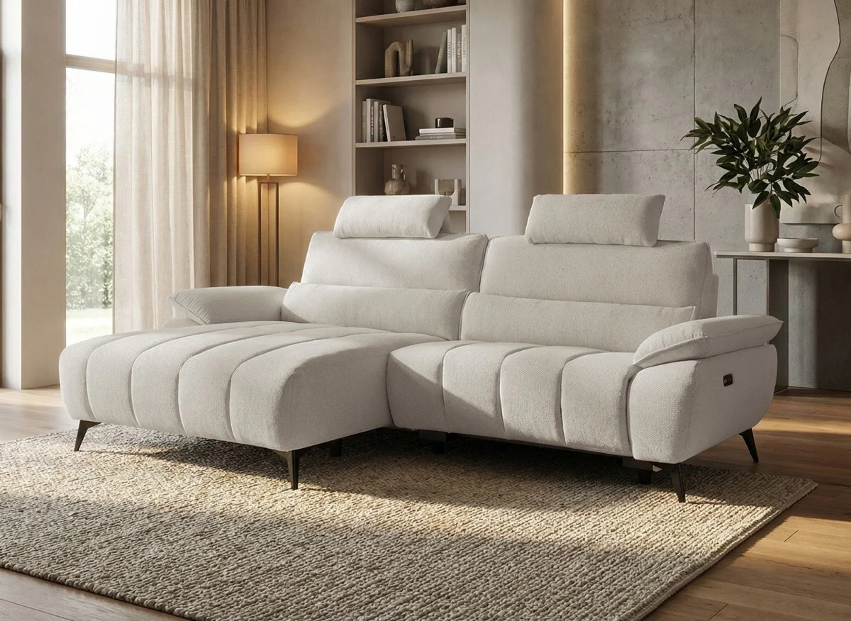 Canapé d’angle relax électrique en velours chiné beige LYANA - Angle gauche