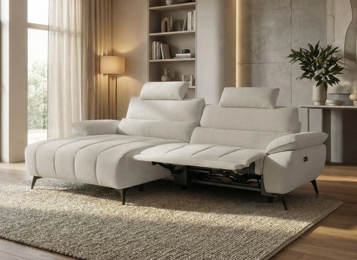 Canapé d’angle relax électrique en velours chiné beige LYANA - Angle gauche - Image 2