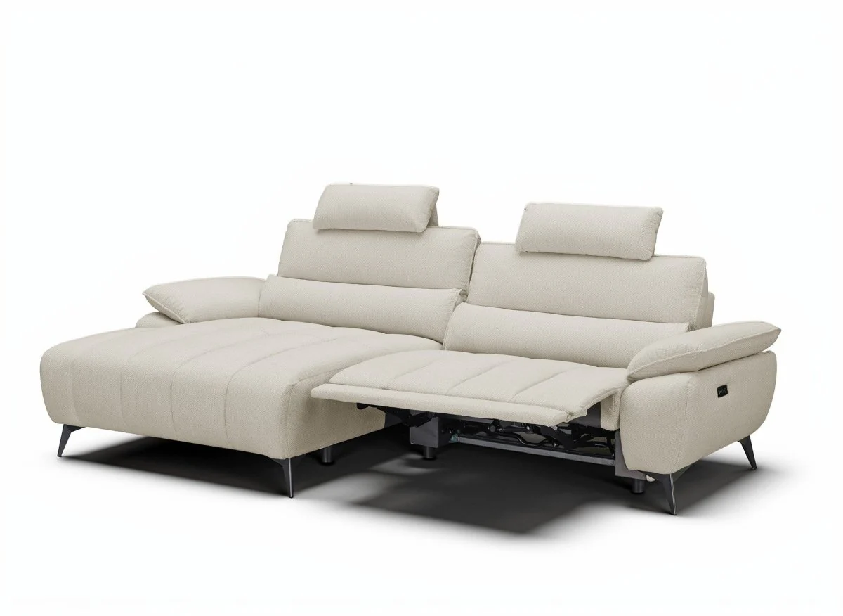 Canapé d’angle relax électrique en velours chiné beige LYANA - Angle gauche - Image 4