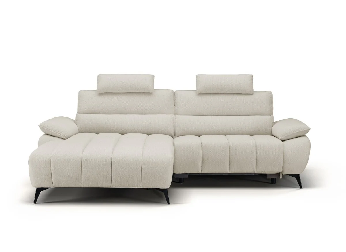 Canapé d’angle relax électrique en velours chiné beige LYANA - Angle gauche - Image 5