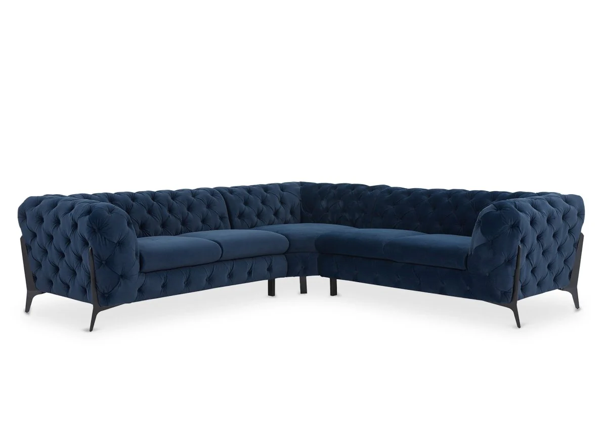 Canapé d'angle fixe capitonné chesterfield velours bleu CARMEN - Image 3
