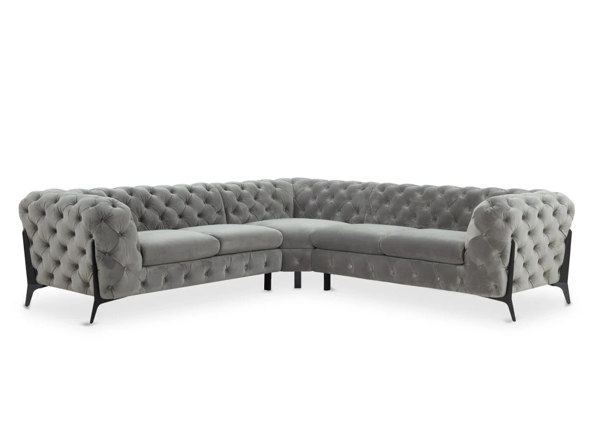 Canapé d'angle fixe capitonné chesterfield velours gris CARMEN - Image 3