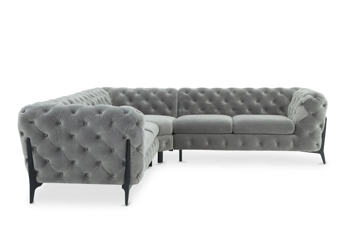 Canapé d'angle fixe capitonné chesterfield velours gris CARMEN - Image 4