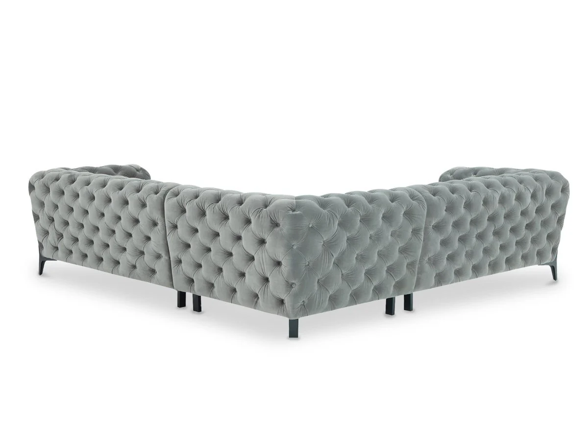 Canapé d'angle fixe capitonné chesterfield velours gris CARMEN - Image 5