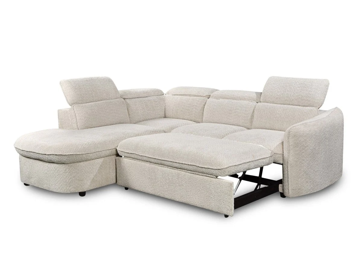 Canapé d'angle convertible avec coffre en tissu bouclette écru BAYA - angle gauche - Image 6