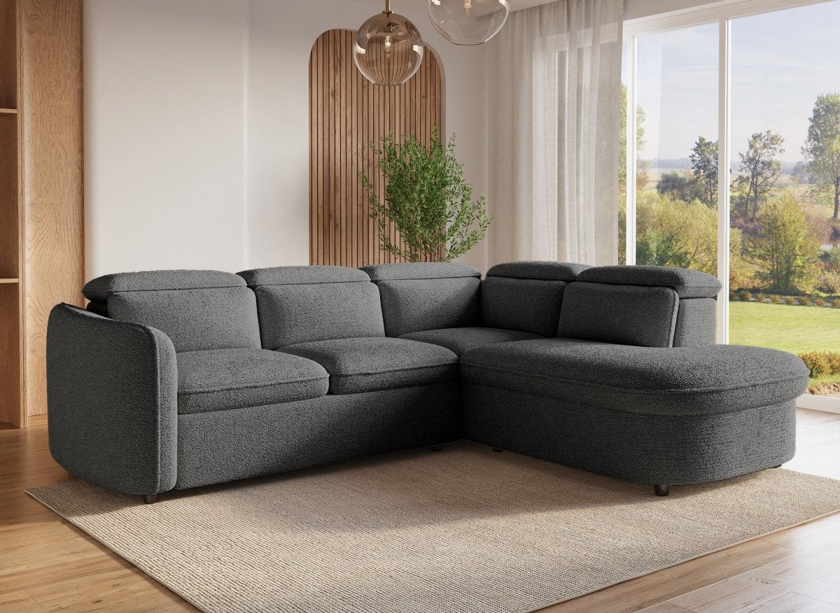 Canapé d'angle convertible avec coffre en tissu bouclette gris BAYA - angle droit