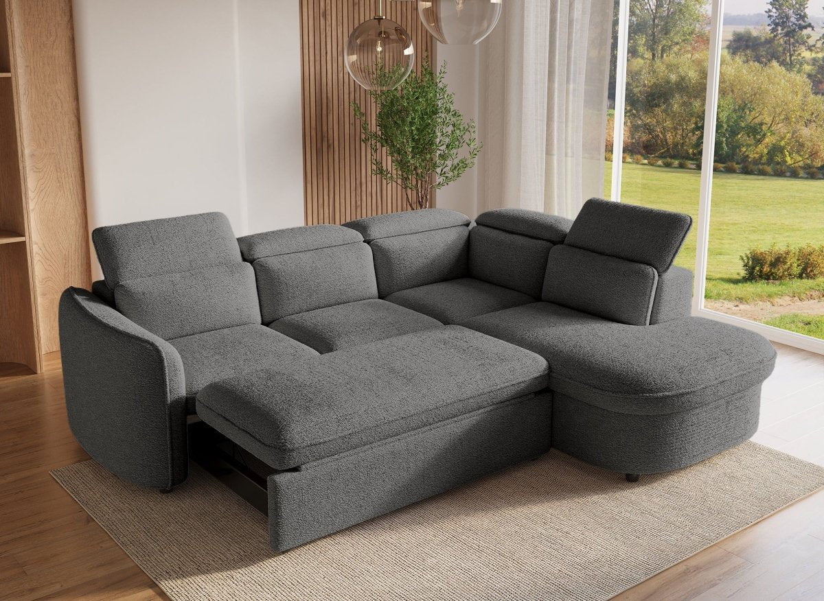 Canapé d'angle convertible avec coffre en tissu bouclette gris BAYA - angle droit - Image 3