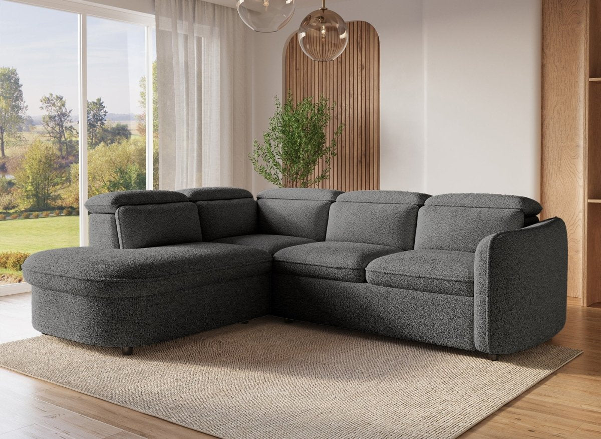 Canapé d'angle convertible avec coffre en tissu bouclette gris BAYA - angle gauche