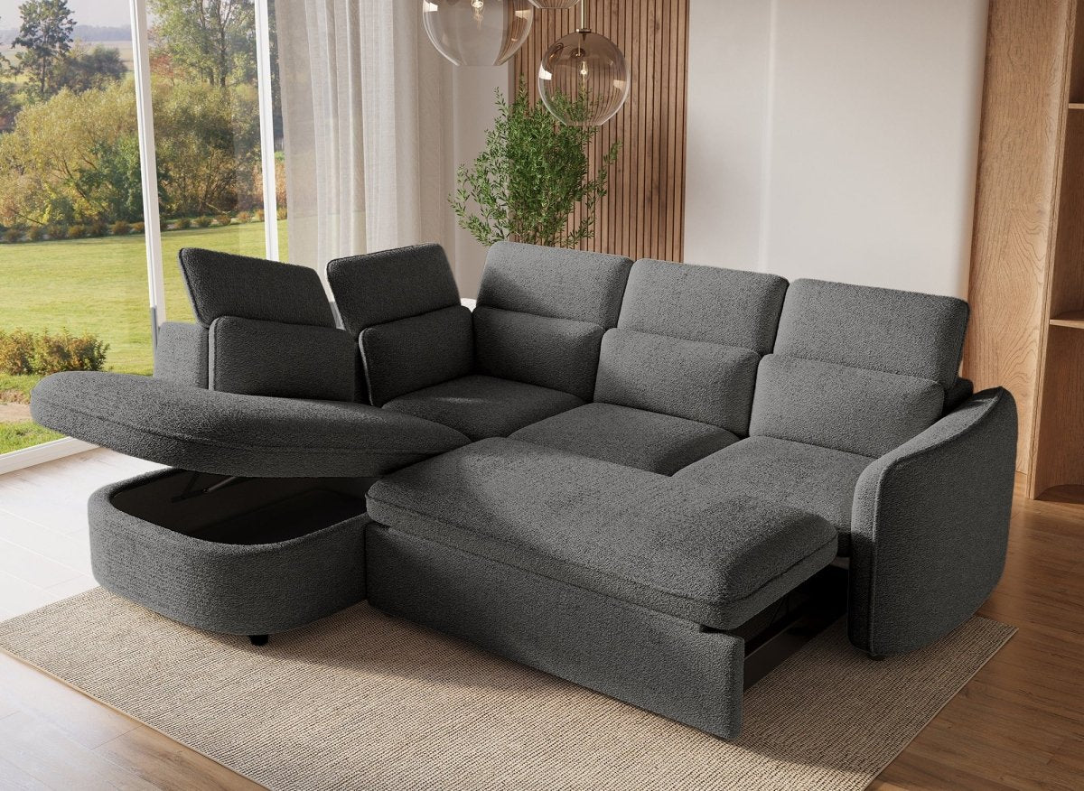 Canapé d'angle convertible avec coffre en tissu bouclette gris BAYA - angle gauche - Image 2