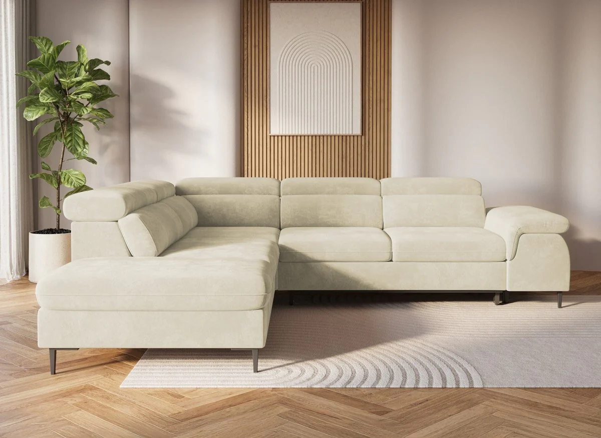Canapé d'angle convertible avec coffre de rangement en velours beige SWAN - Angle gauche - Image 4