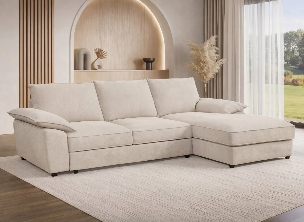 Canapé d'angle convertible avec coffre de rangement en velours chiné beige GABIN - Angle droit