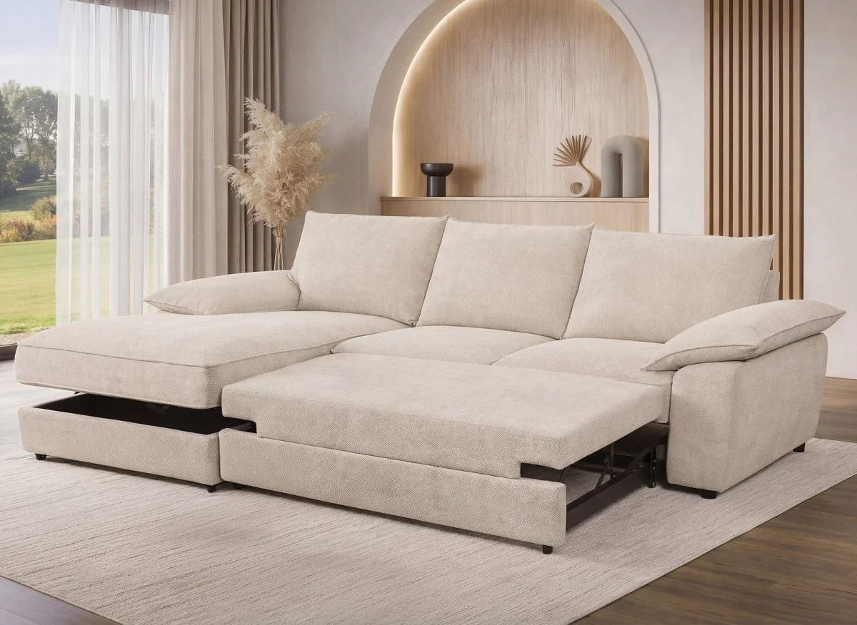 Canapé d'angle convertible avec coffre de rangement en velours chiné beige GABIN - Angle gauche - Image 2