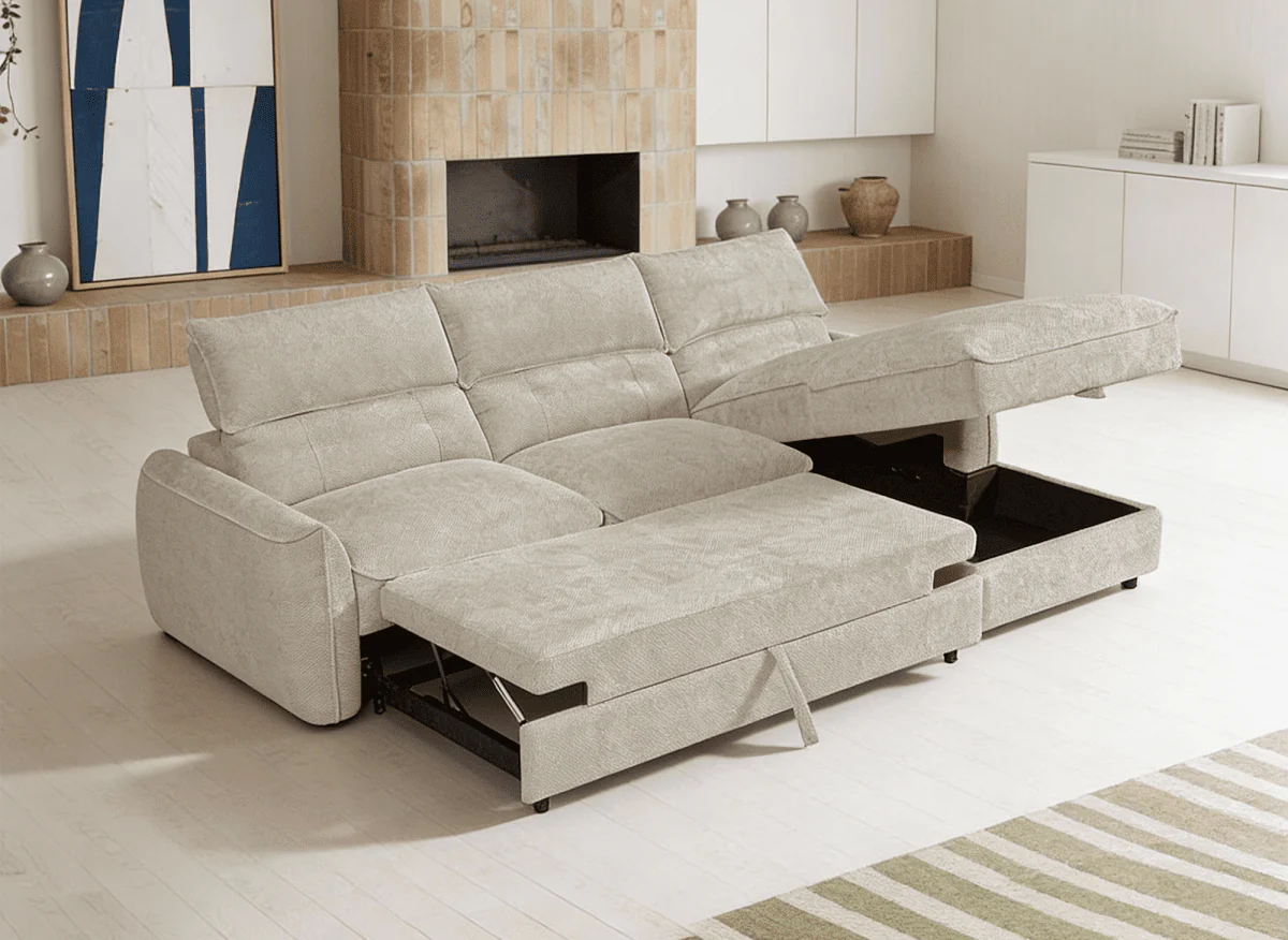Canapé d'angle convertible avec coffre de rangement en velours chiné beige SAMINA - Angle droit - Image 2