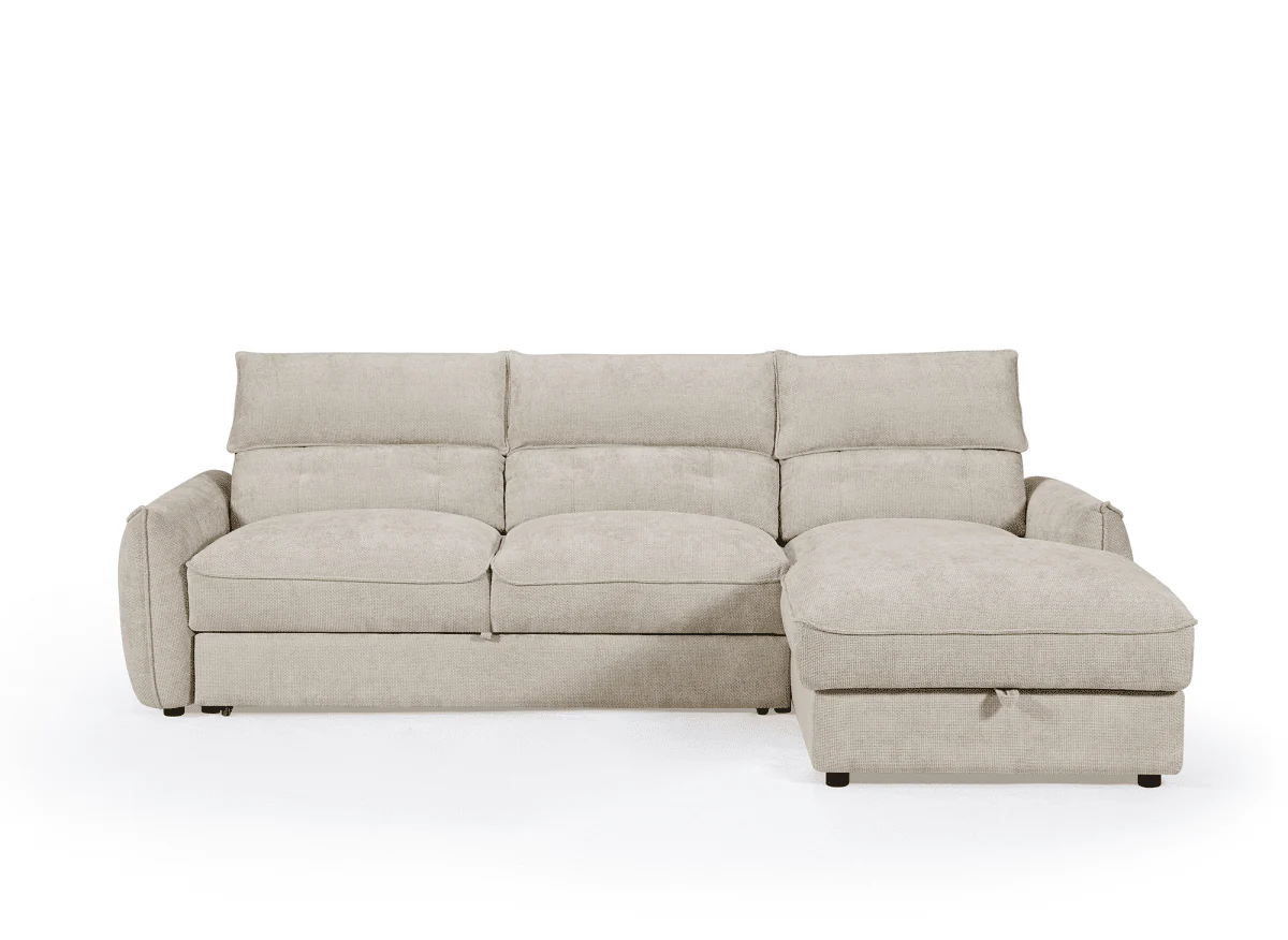 Canapé d'angle convertible avec coffre de rangement en velours chiné beige SAMINA - Angle droit - Image 5
