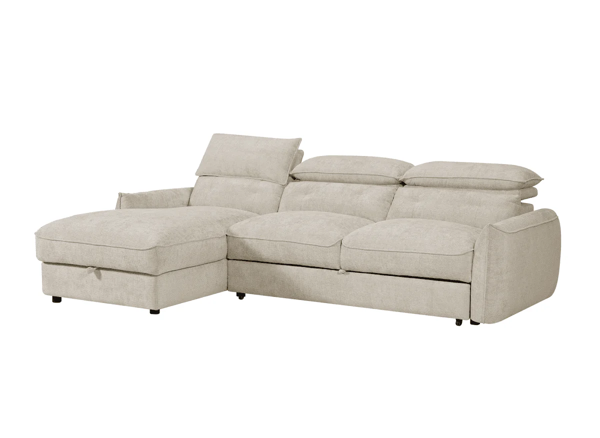 Canapé d'angle convertible avec coffre de rangement en velours chiné beige SAMINA - Angle gauche - Image 3