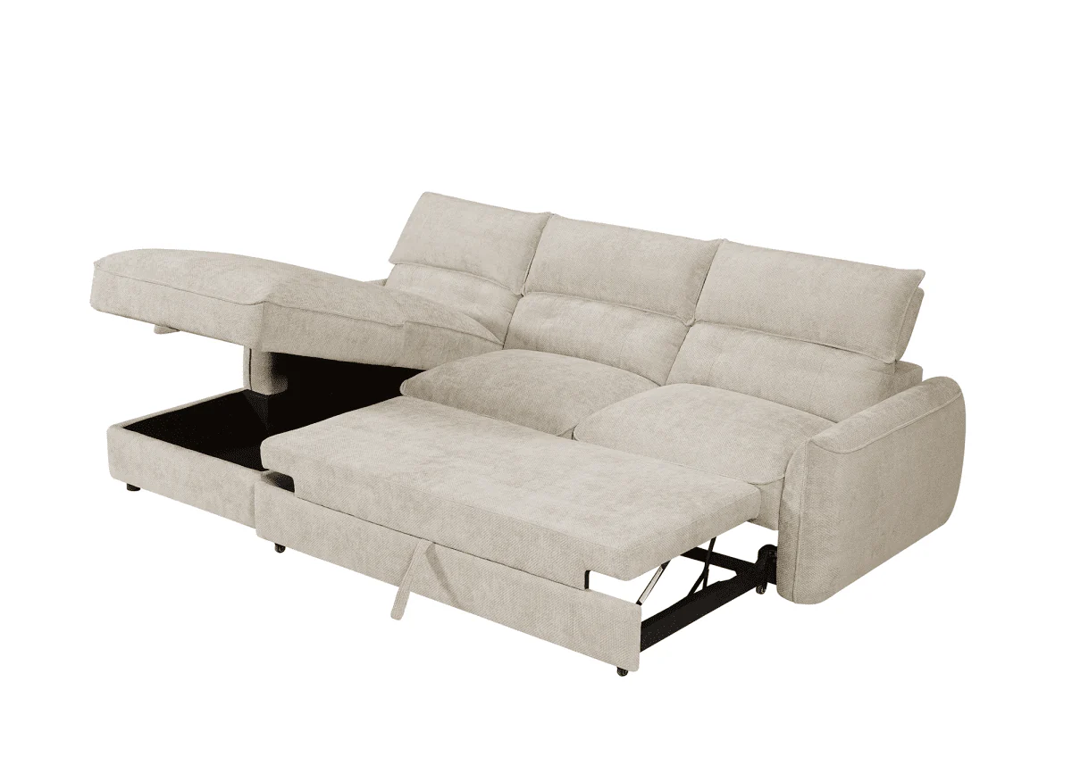 Canapé d'angle convertible avec coffre de rangement en velours chiné beige SAMINA - Angle gauche - Image 4