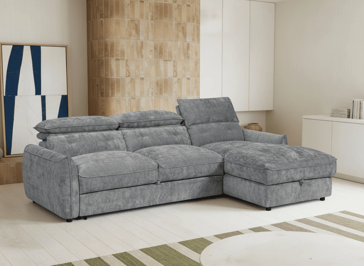 Canapé d'angle convertible avec coffre de rangement en velours chiné gris SAMINA - Angle droit