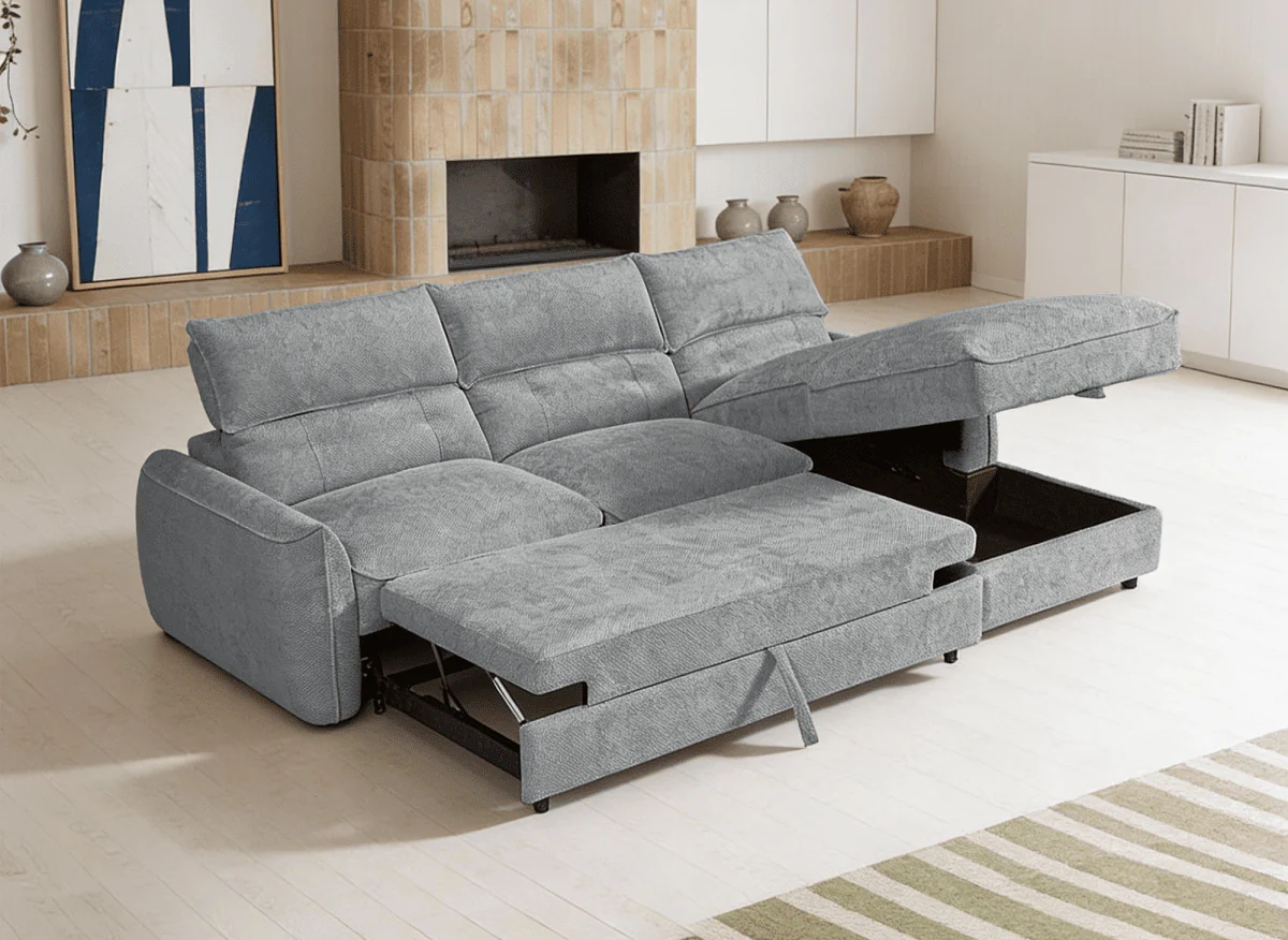 Canapé d'angle convertible avec coffre de rangement en velours chiné gris SAMINA - Angle droit - Image 2
